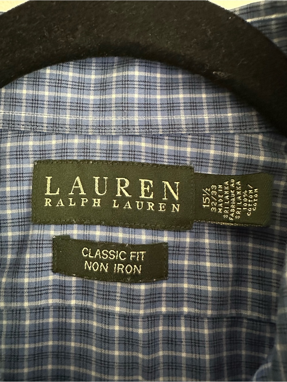 Size 15.5/33 Lauren Ralph Lauren Men’s Blue Plaid Classic Fit Non Iron Shirt - Picture 6 of 6
